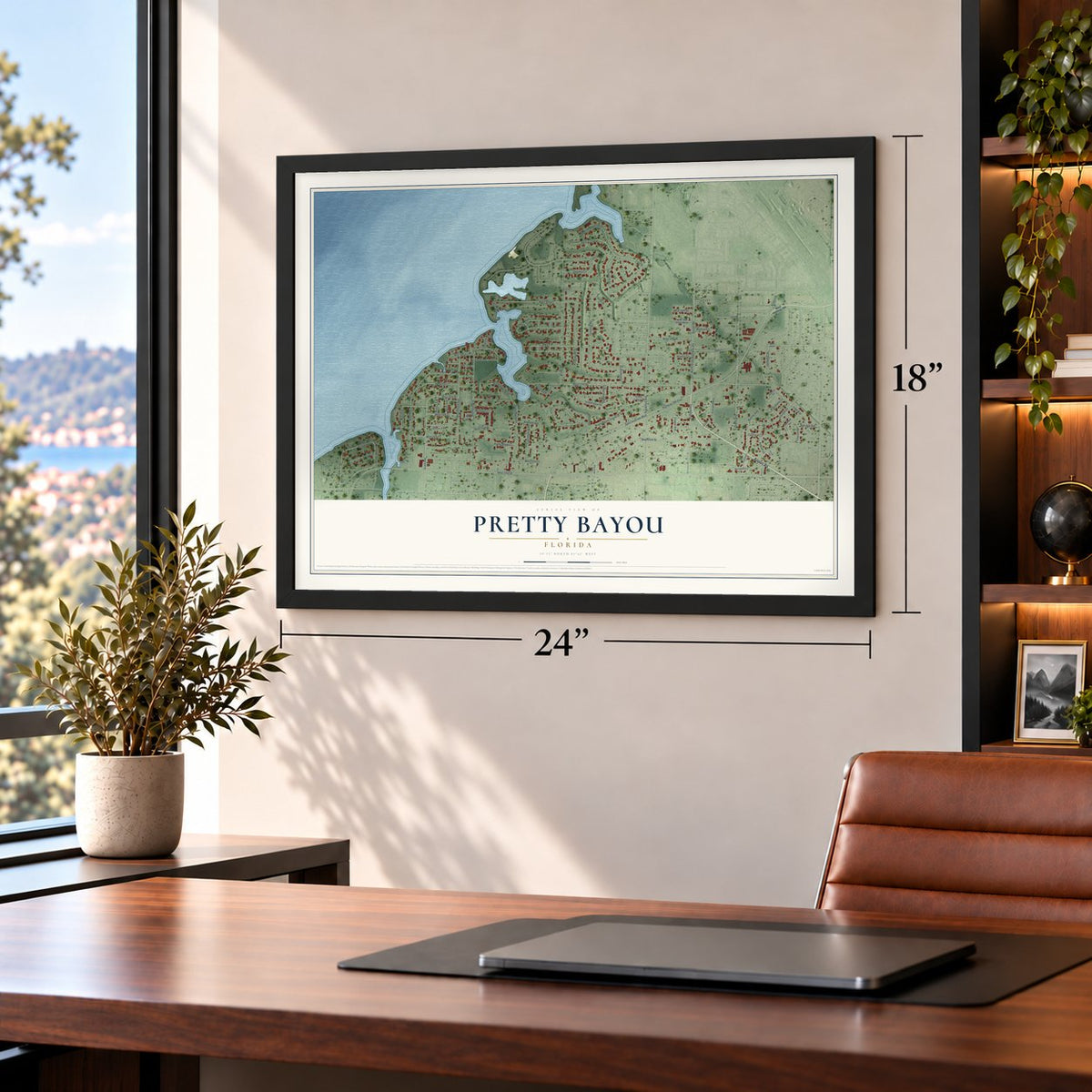 Pretty Bayou, Florida map, 18 x 24 inch print in a black frame in a home office