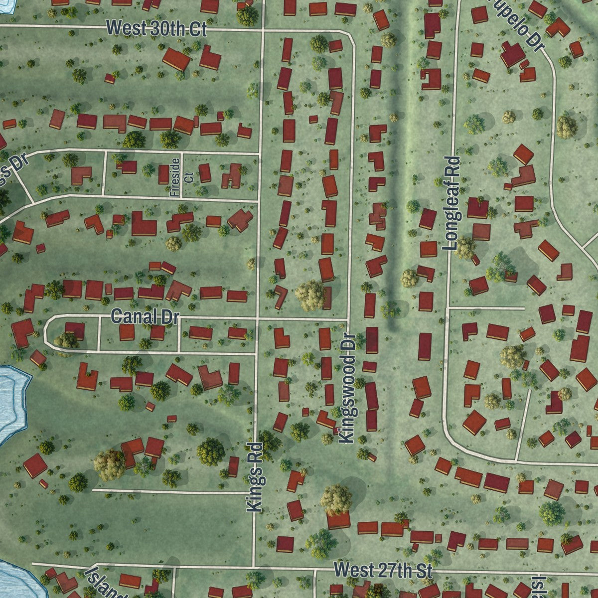 Close-up of the map of Pretty Bayou, Florida print showing street and building detail