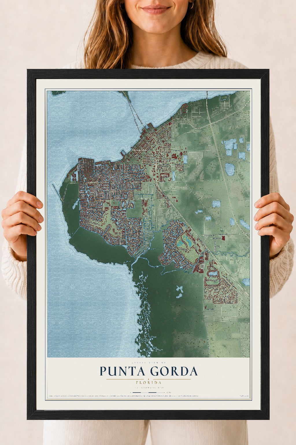 Punta Gorda, Florida map print, 18" x 24" W/ Black Ayous Wood Frame mockup