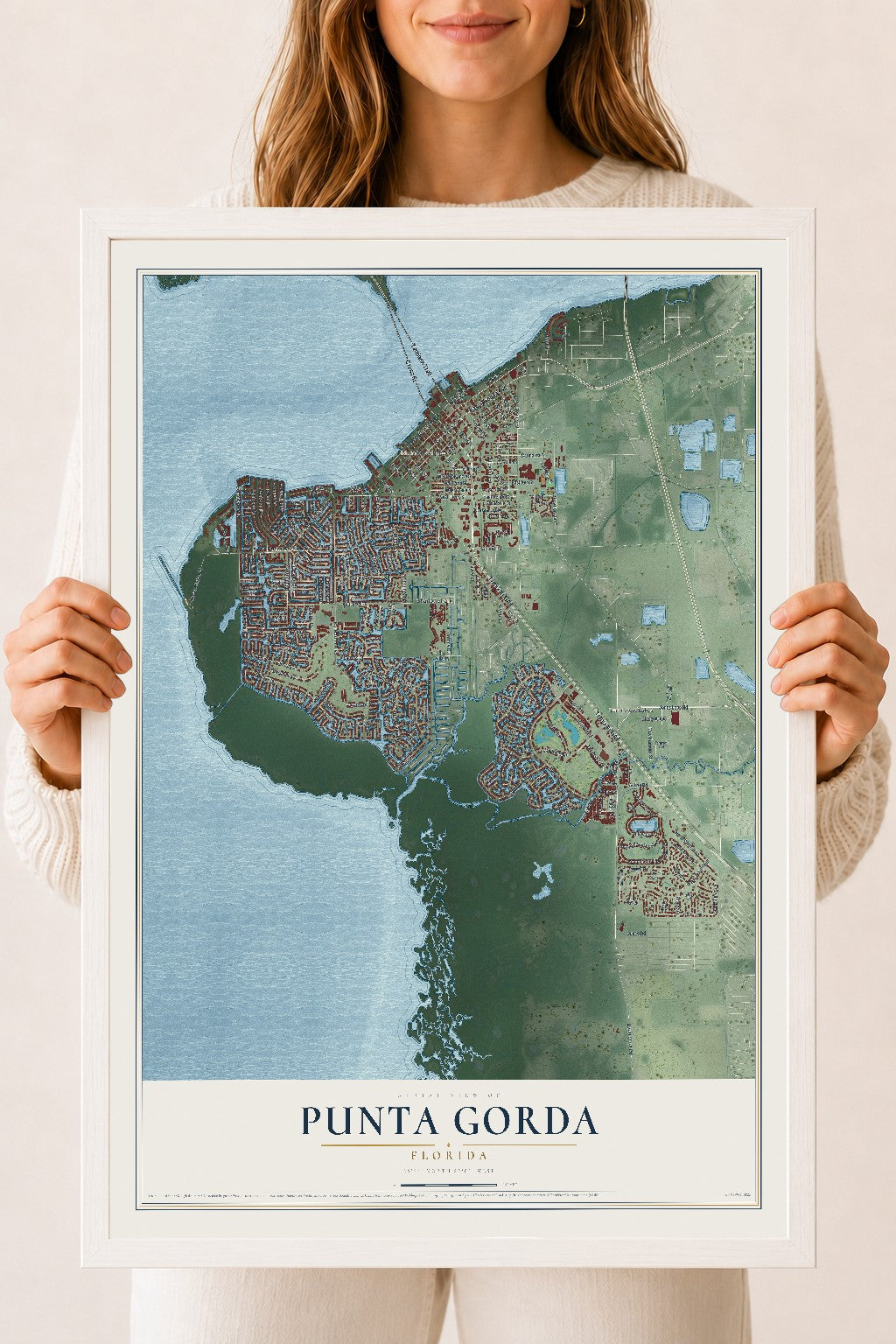 Punta Gorda, Florida map print, 18" x 24" W/ White Ayous Wood Frame mockup