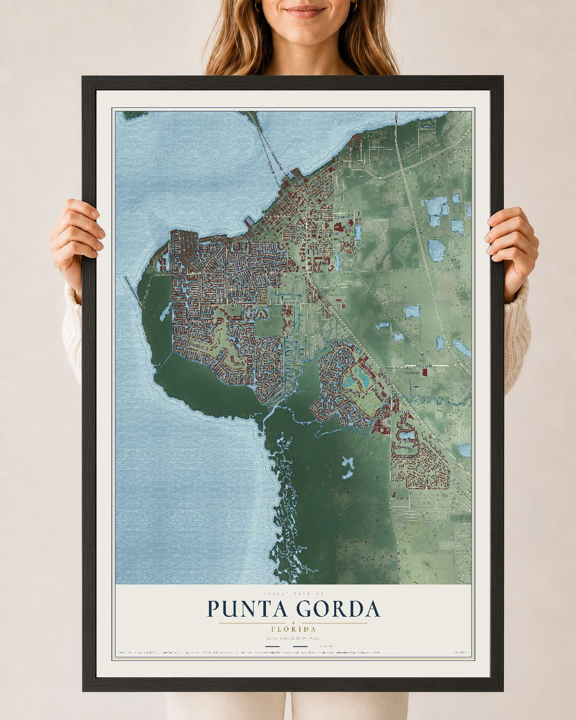 Punta Gorda, Florida map print, 24" x 36" W/ Black Ayous Wood Frame mockup