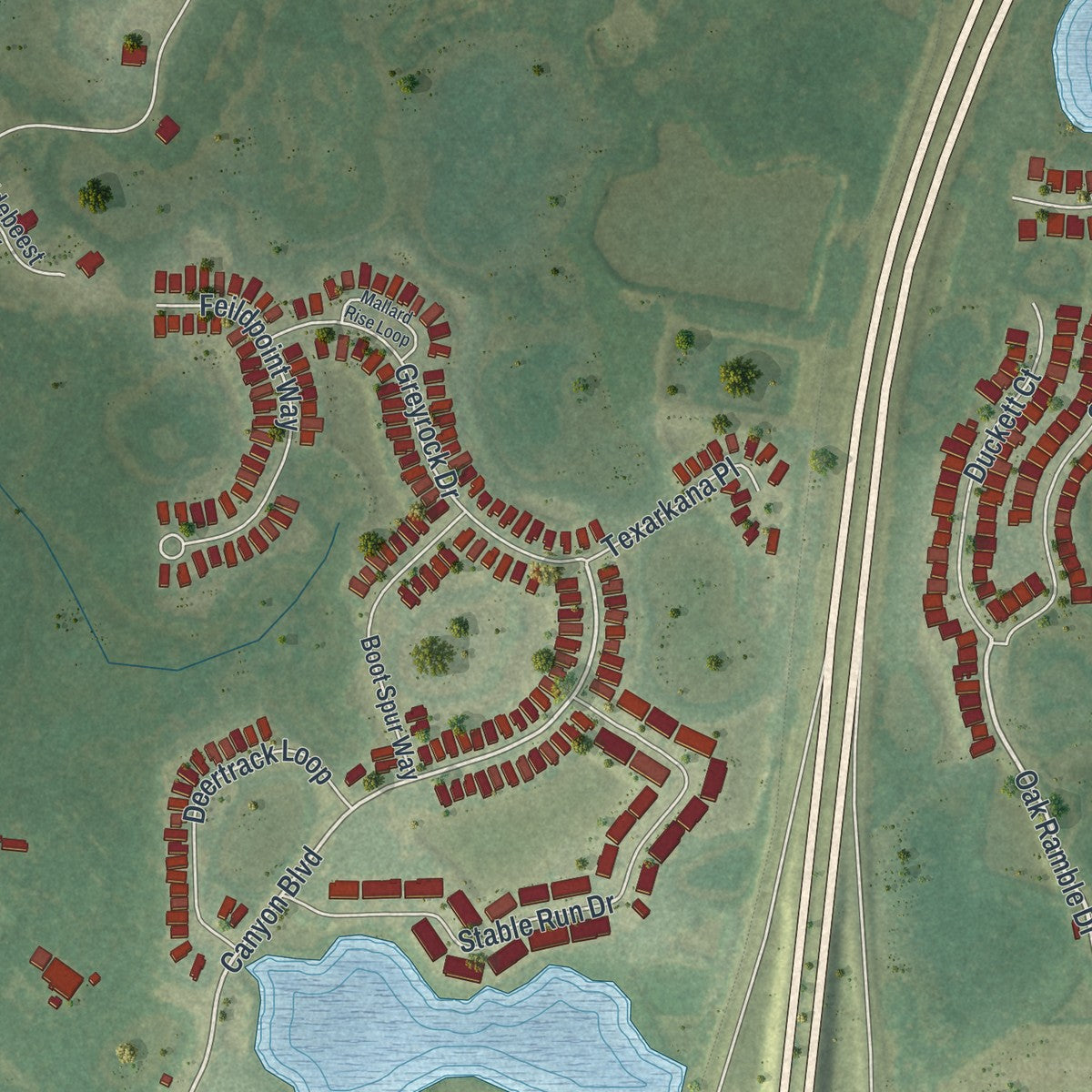 Close-up of the map of Quail Ridge, Florida print showing street and building detail
