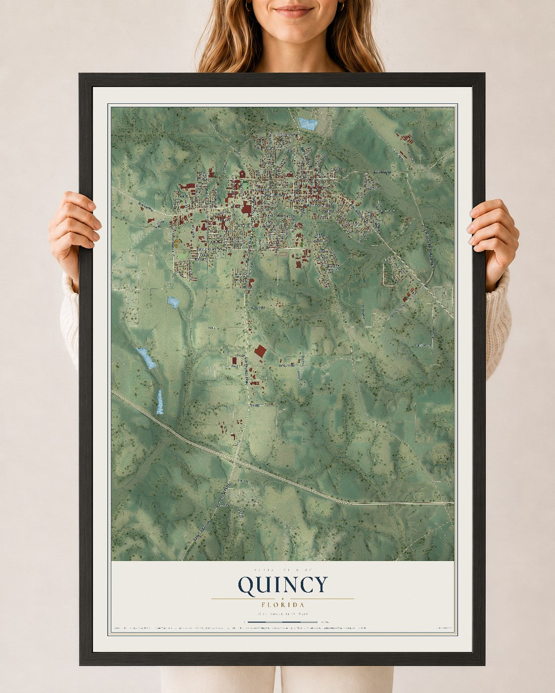 Quincy, Florida map print, 24" x 36" W/ Black Ayous Wood Frame mockup