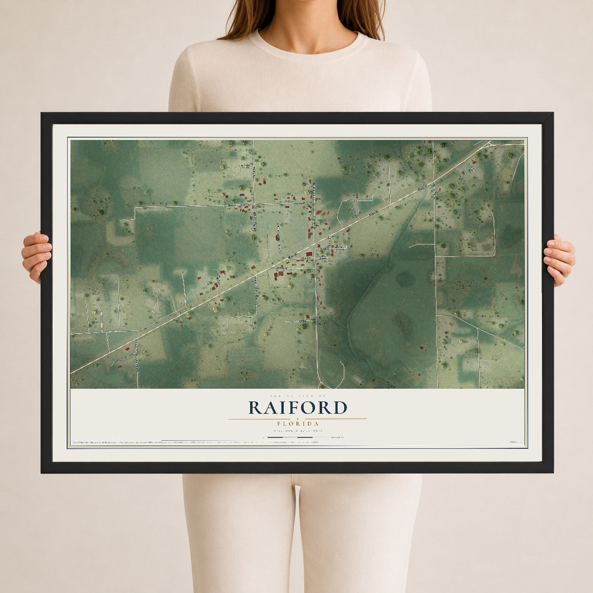 Raiford, Florida map print, 24" x 36" W/ Black Ayous Wood Frame mockup