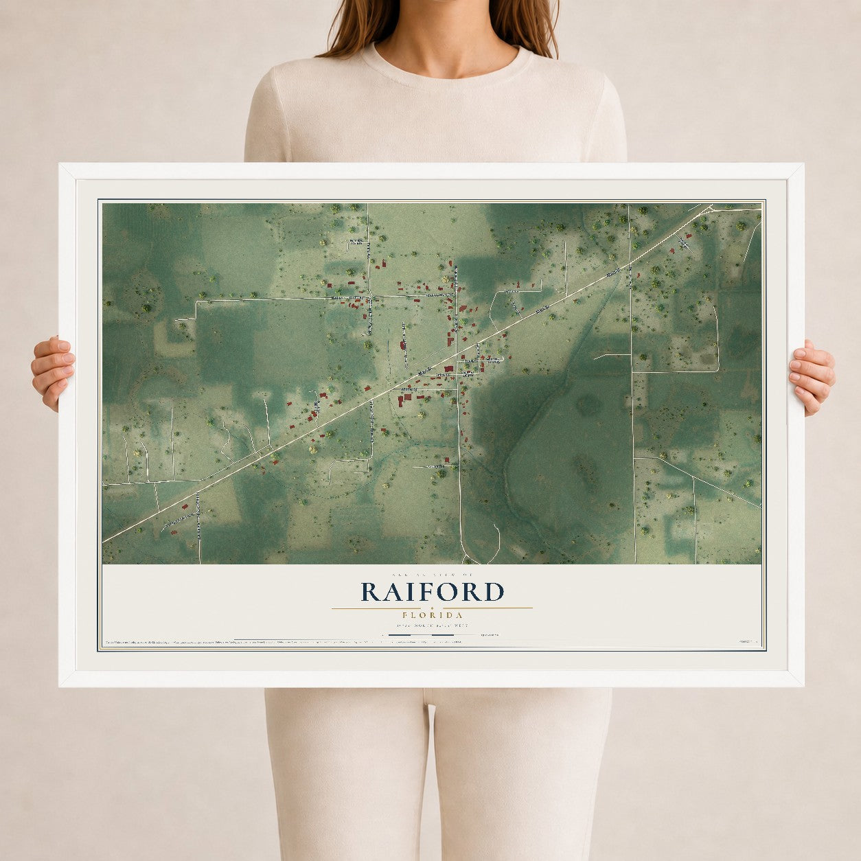 Raiford, Florida map print, 24" x 36" W/ White Ayous Wood Frame mockup