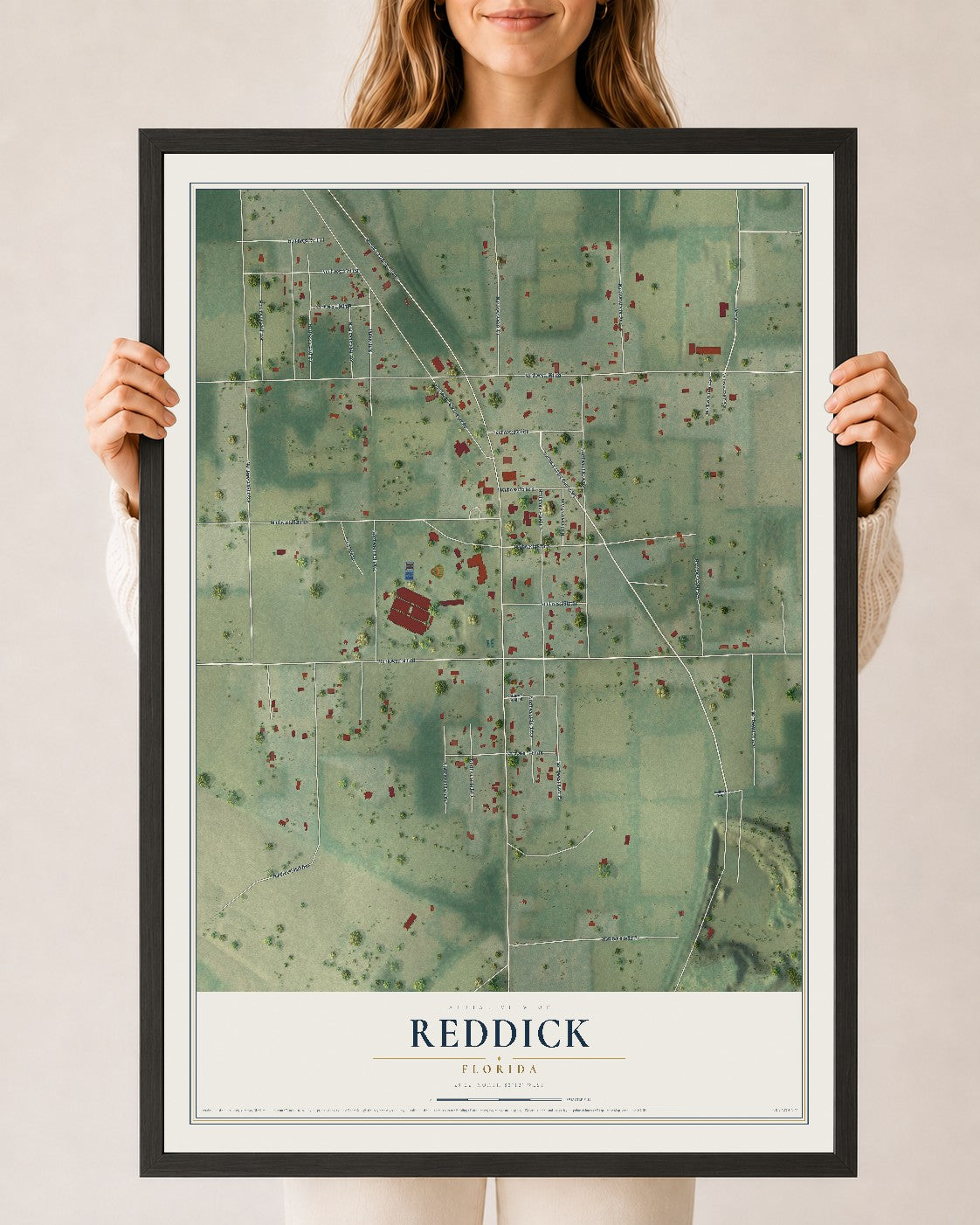 Reddick, Florida map print, 24" x 36" W/ Black Ayous Wood Frame mockup
