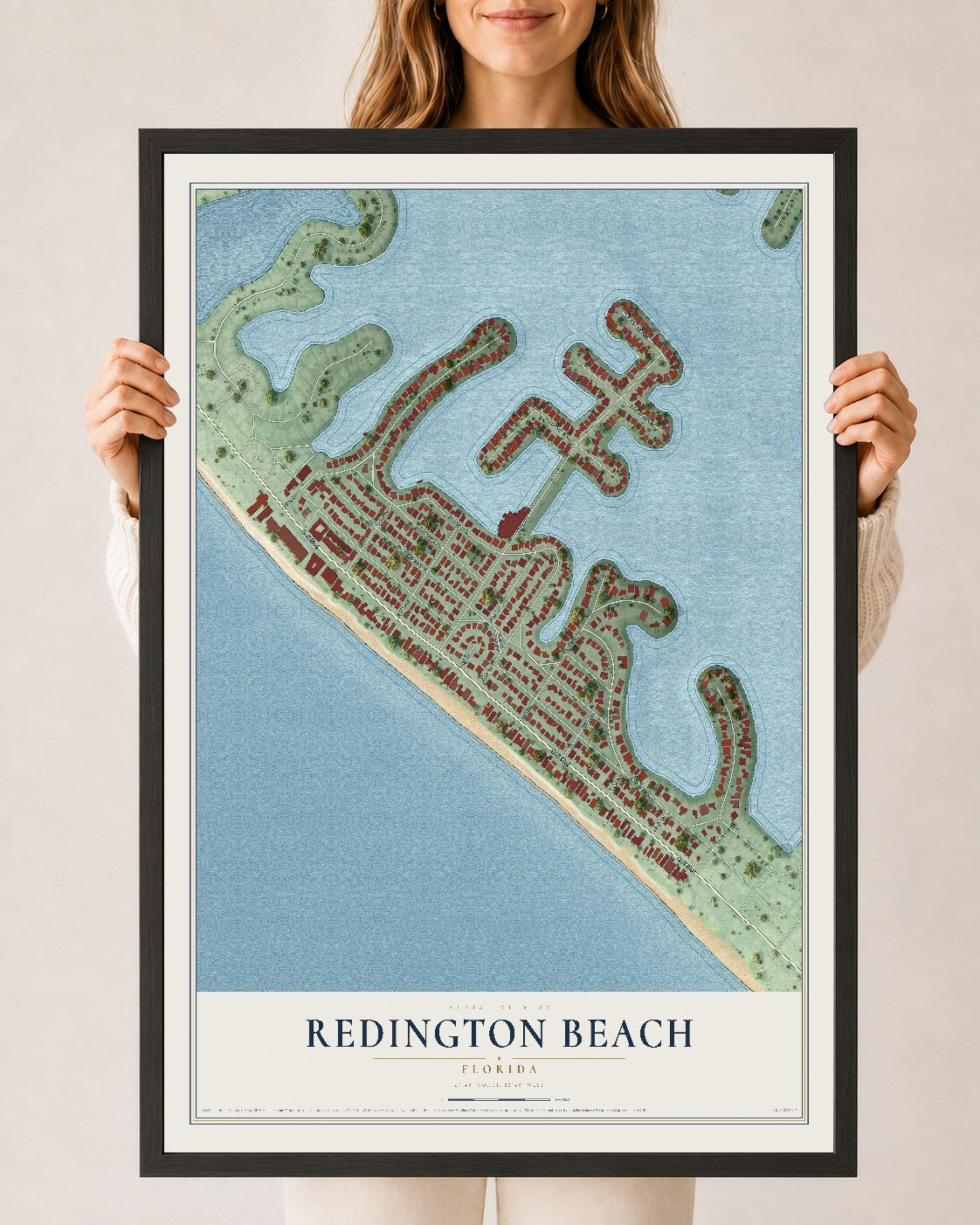 Redington Beach, Florida map print, 24" x 36" W/ Black Ayous Wood Frame mockup