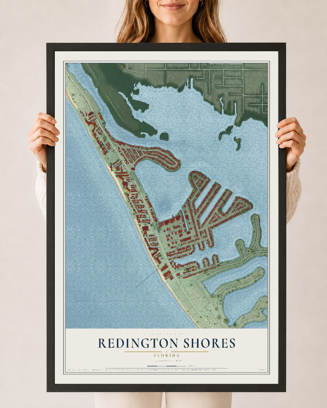 Redington Shores, Florida map print, 24" x 36" W/ Black Ayous Wood Frame mockup