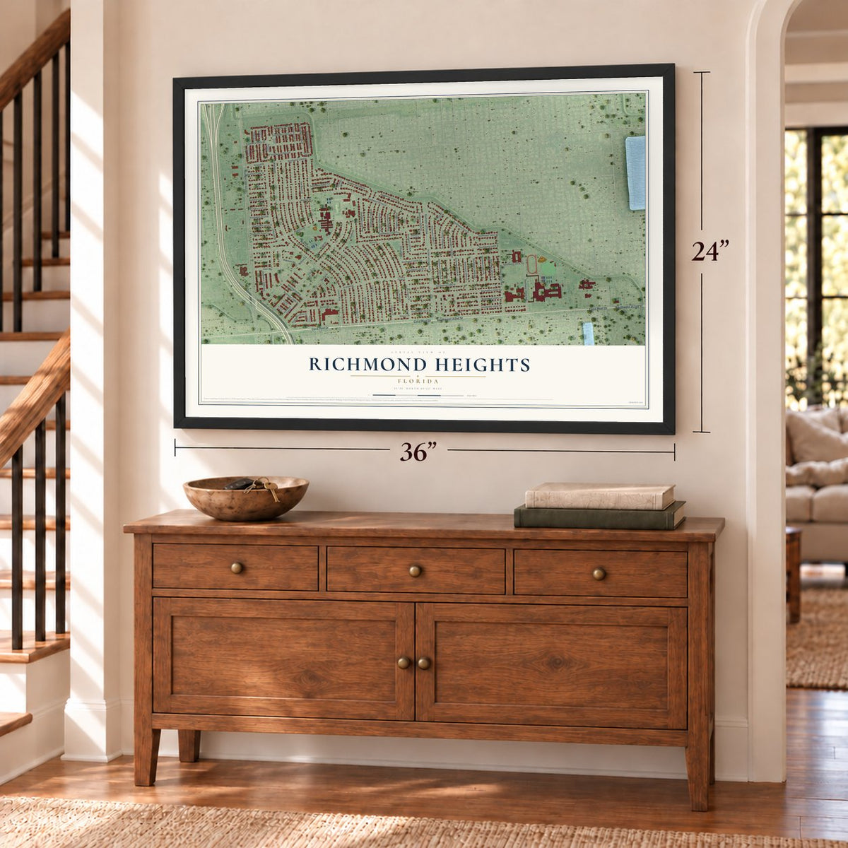 Richmond Heights, Florida map, 24 x 36 inch print in a black frame above a dresser by a staircase