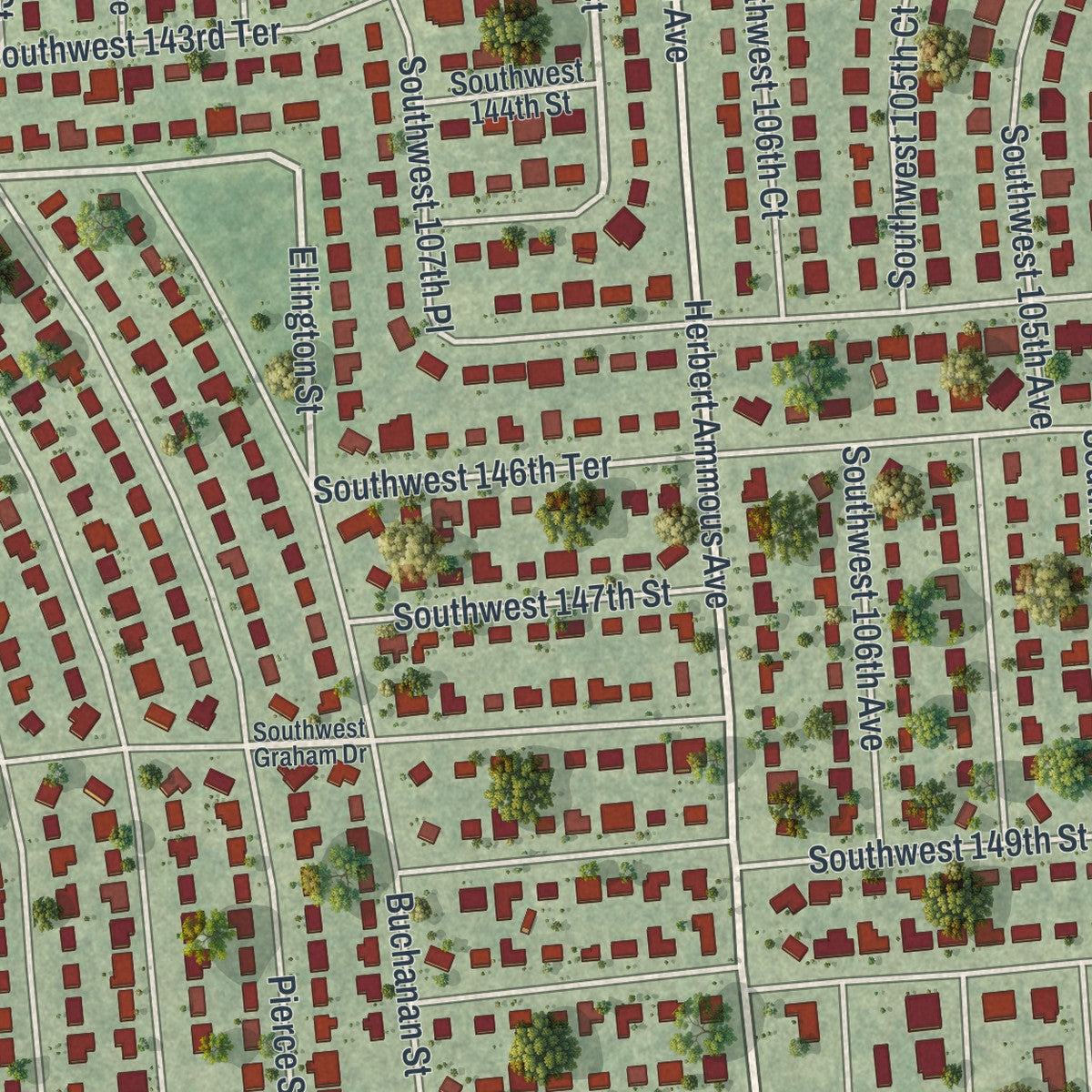 Close-up of the map of Richmond Heights, Florida print showing street and building detail