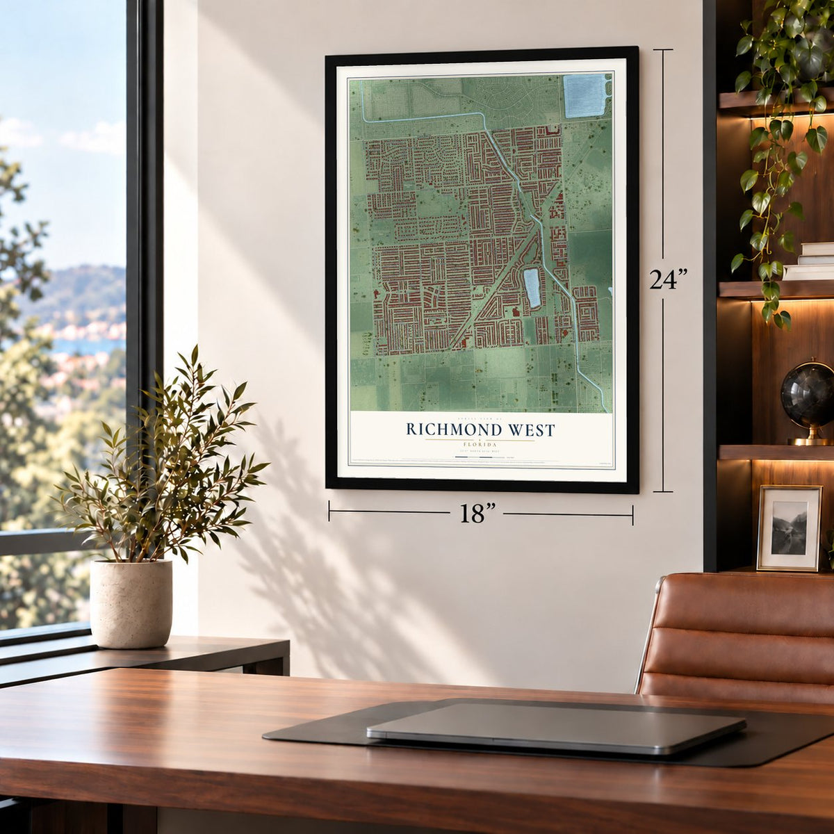 Richmond West, Florida map, 18 x 24 inch print in a black frame in a home office