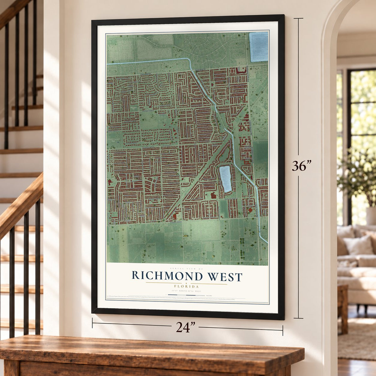 Richmond West, Florida map, 24 x 36 inch print in a black frame by a staircase