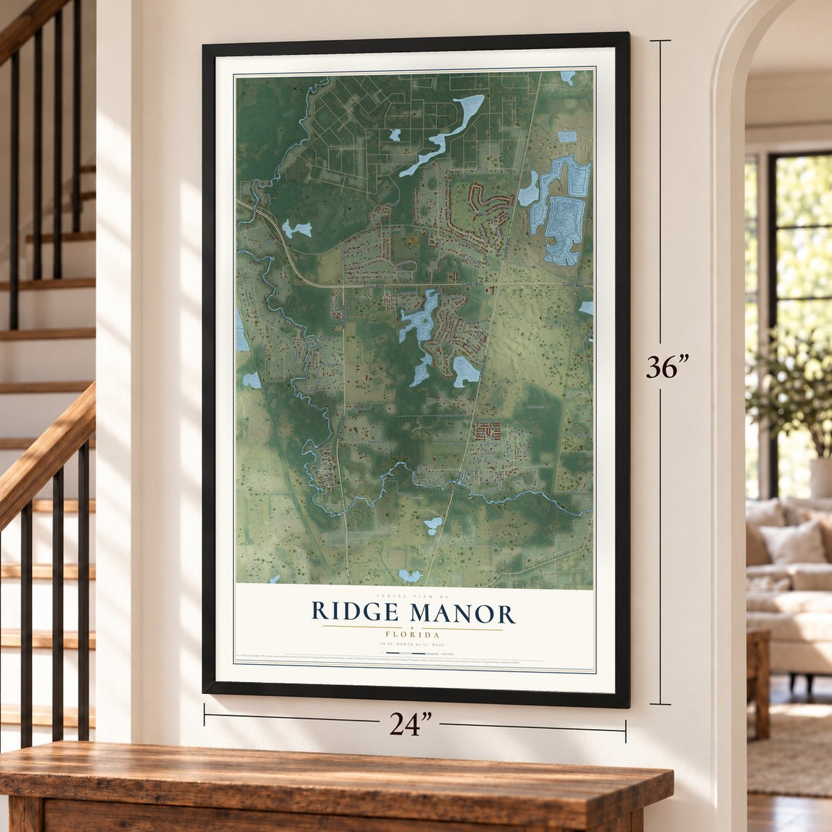 Ridge Manor, Florida map, 24 x 36 inch print in a black frame by a staircase