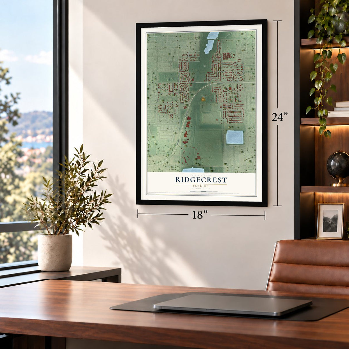Ridgecrest, Florida map, 18 x 24 inch print in a black frame in a home office