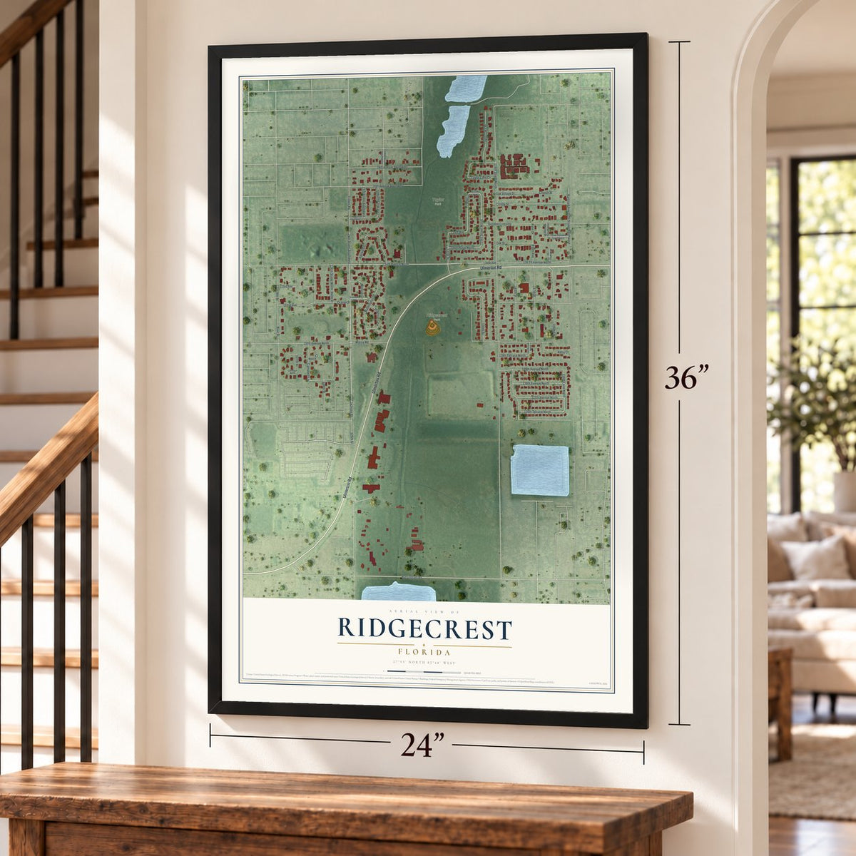 Ridgecrest, Florida map, 24 x 36 inch print in a black frame by a staircase