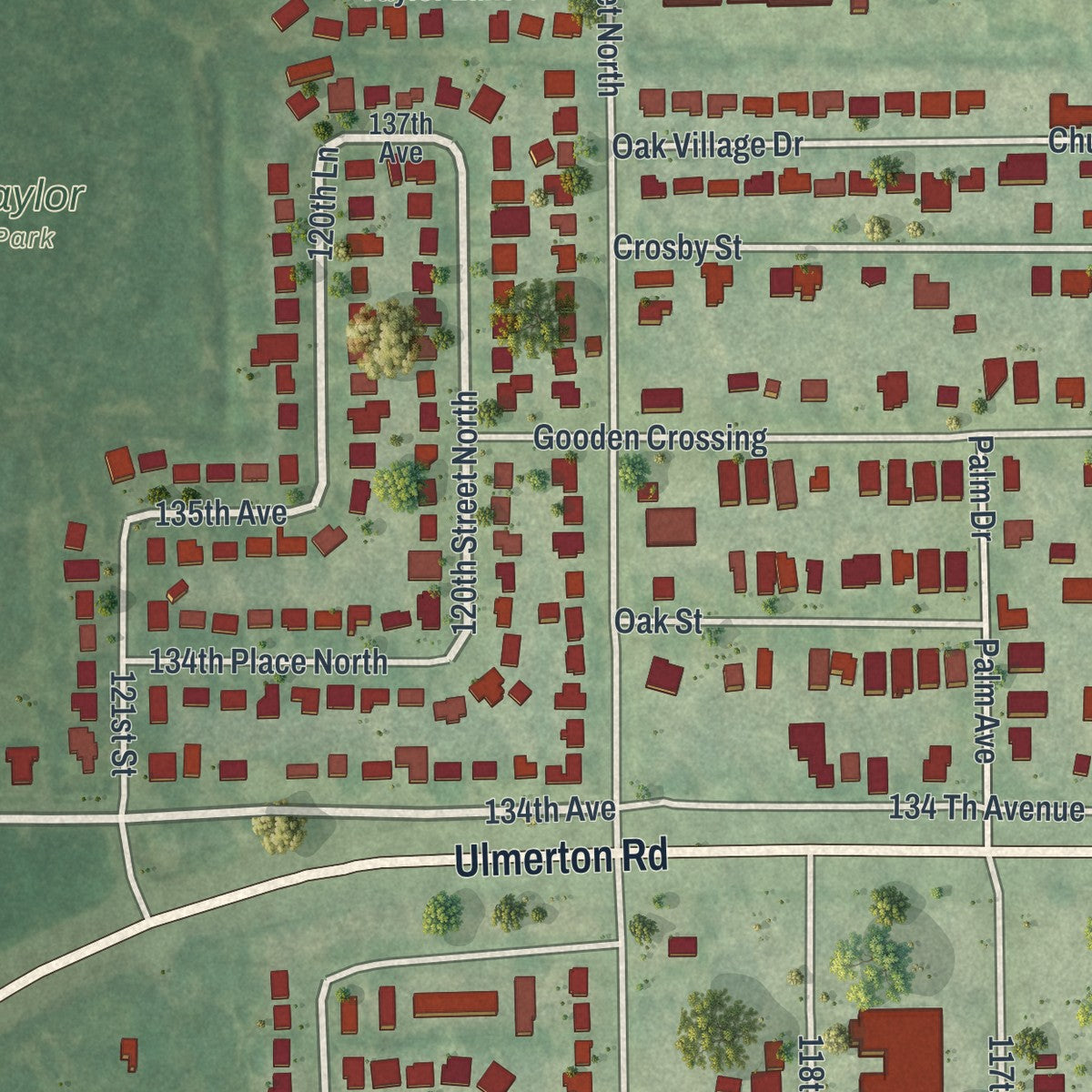 Close-up of the map of Ridgecrest, Florida print showing street and building detail