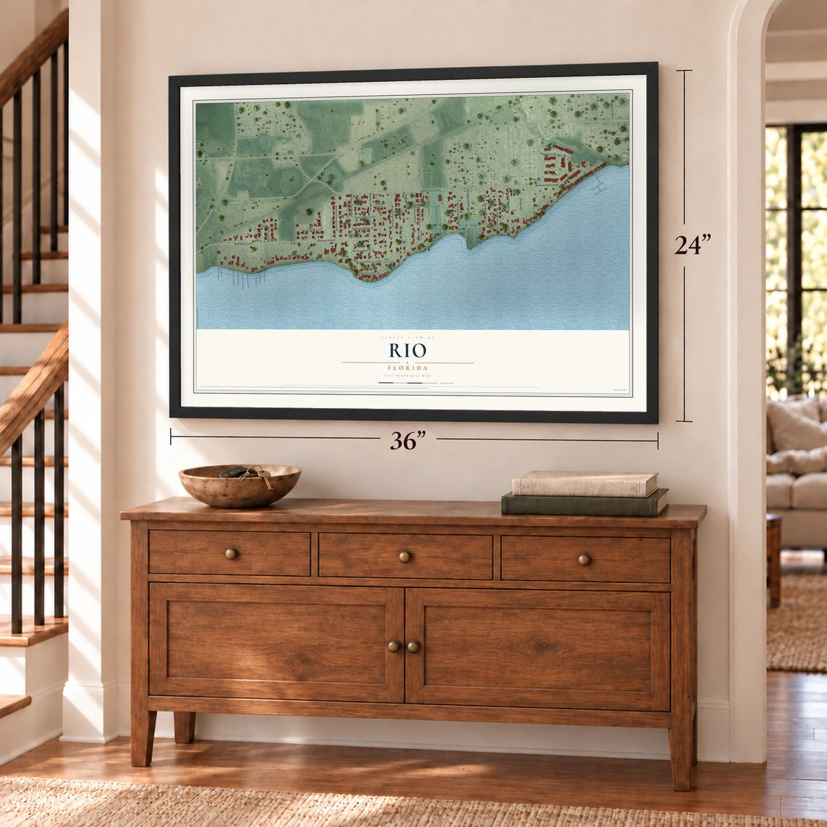 Rio, Florida map, 24 x 36 inch print in a black frame above a dresser by a staircase