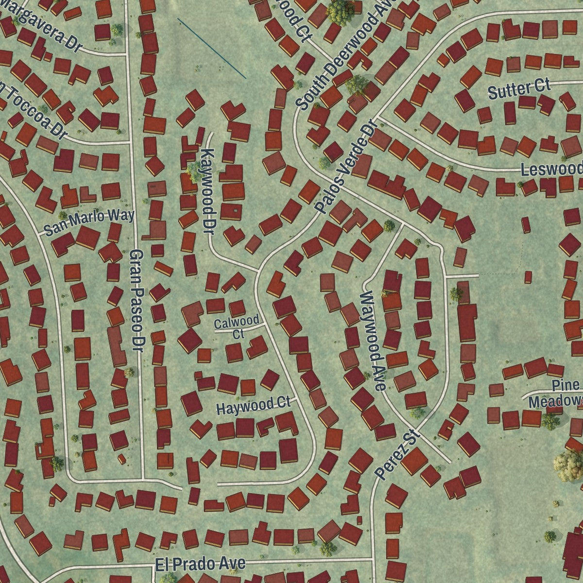 Close-up of the map of Rio Pinar, Florida print showing street and building detail