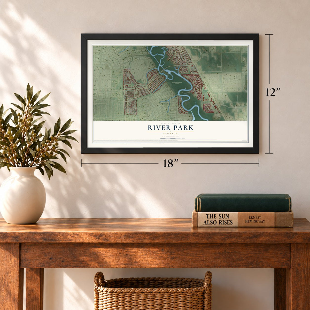 River Park, Florida map, 12 x 18 inch print in a black frame in an entryway