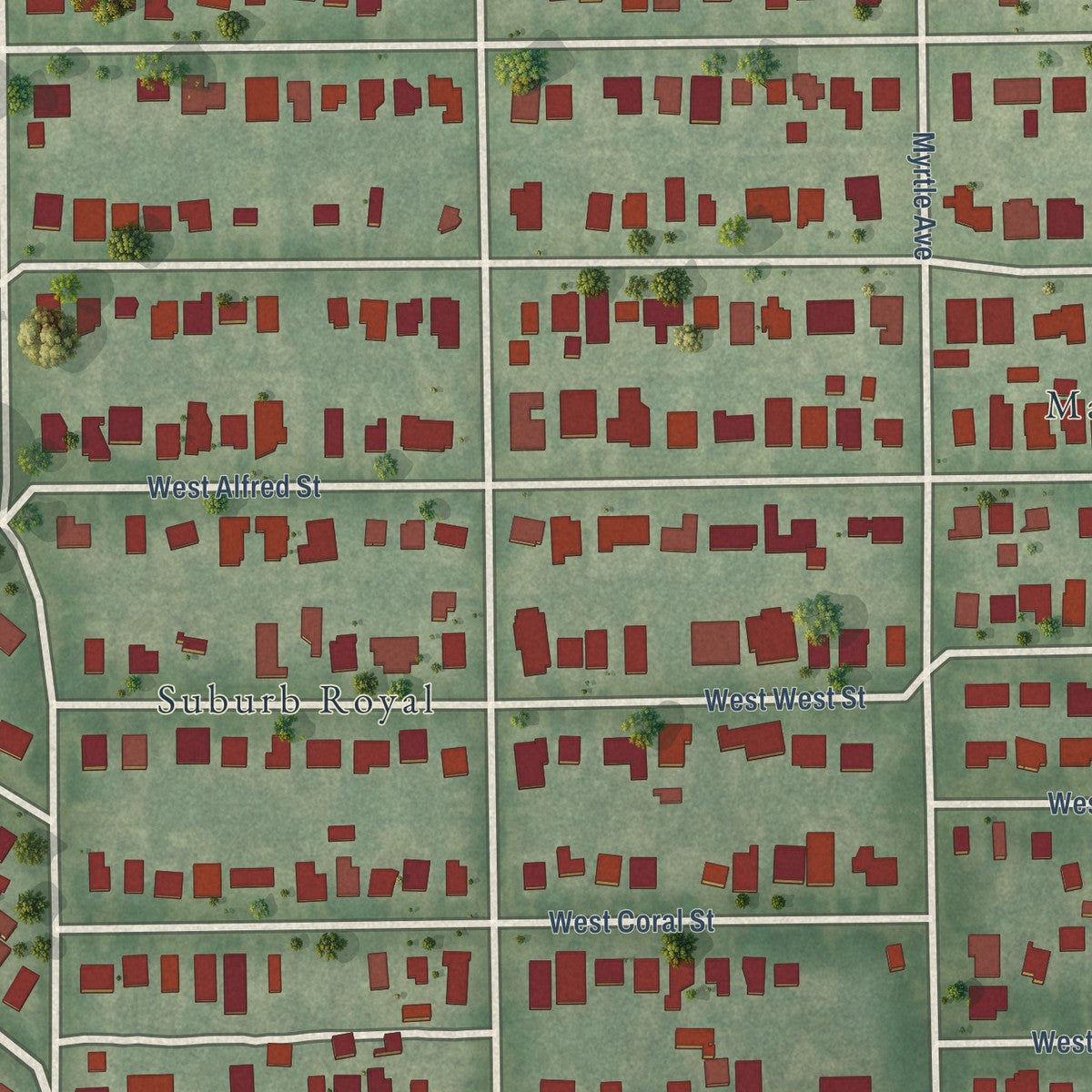 Close-up of the map of Riverside Heights, Florida print showing street and building detail