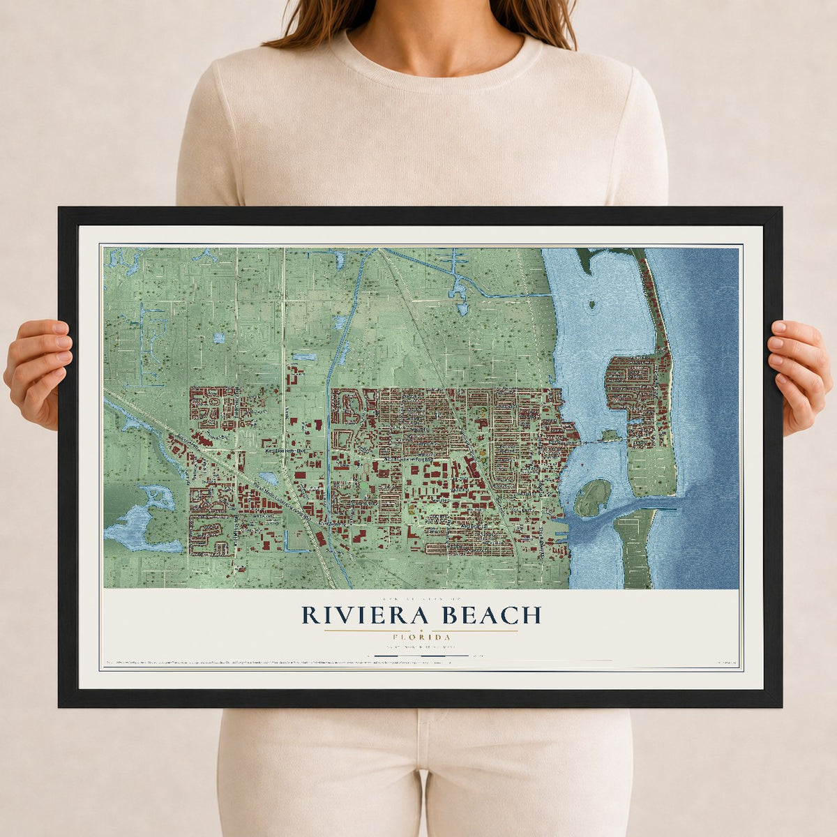 Riviera Beach, Florida map print, 12" x 18" W/ Black Ayous Wood Frame mockup