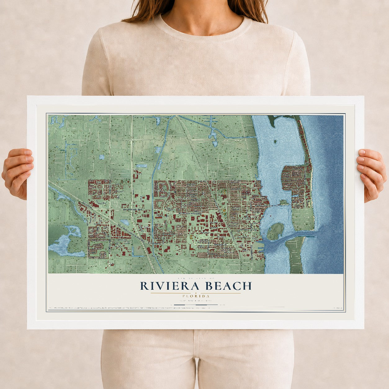 Riviera Beach, Florida map print, 12" x 18" W/ White Ayous Wood Frame mockup