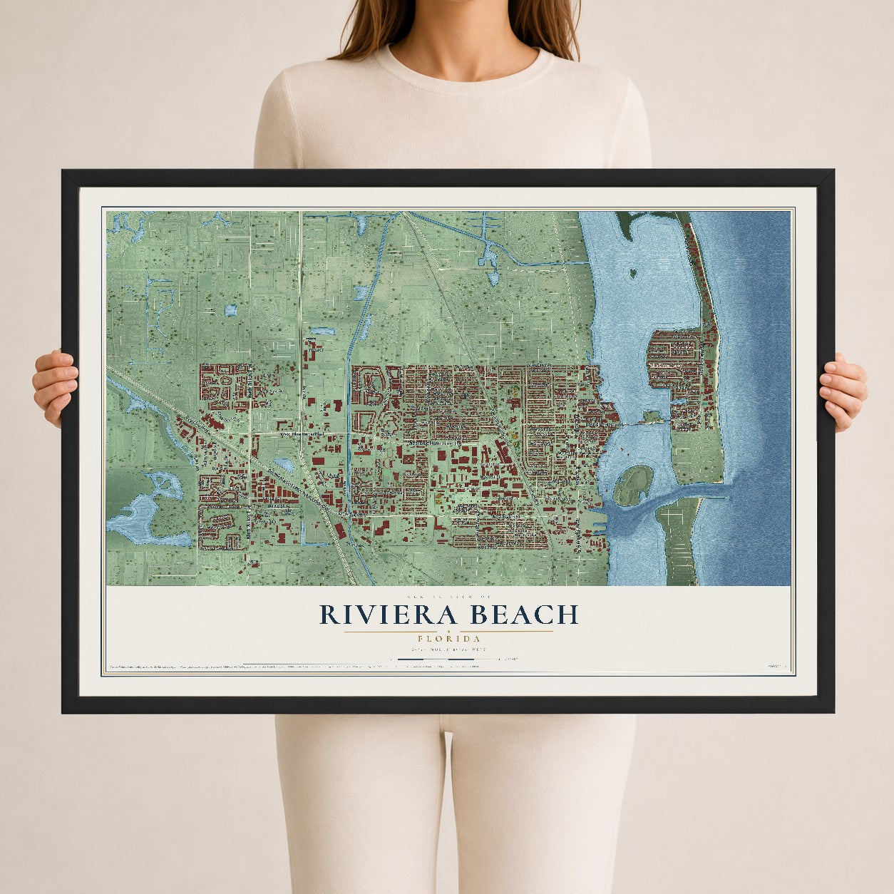 Riviera Beach, Florida map print, 24" x 36" W/ Black Ayous Wood Frame mockup