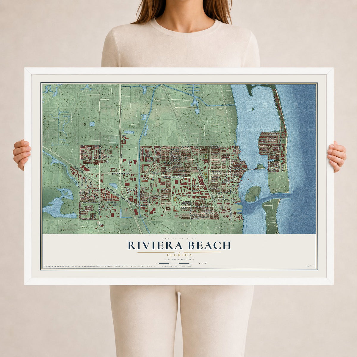 Riviera Beach, Florida map print, 24" x 36" W/ White Ayous Wood Frame mockup