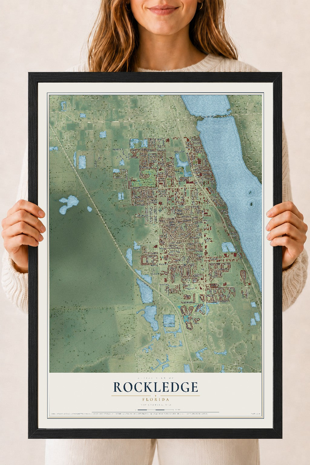 Rockledge, Florida map print, 18" x 24" W/ Black Ayous Wood Frame mockup
