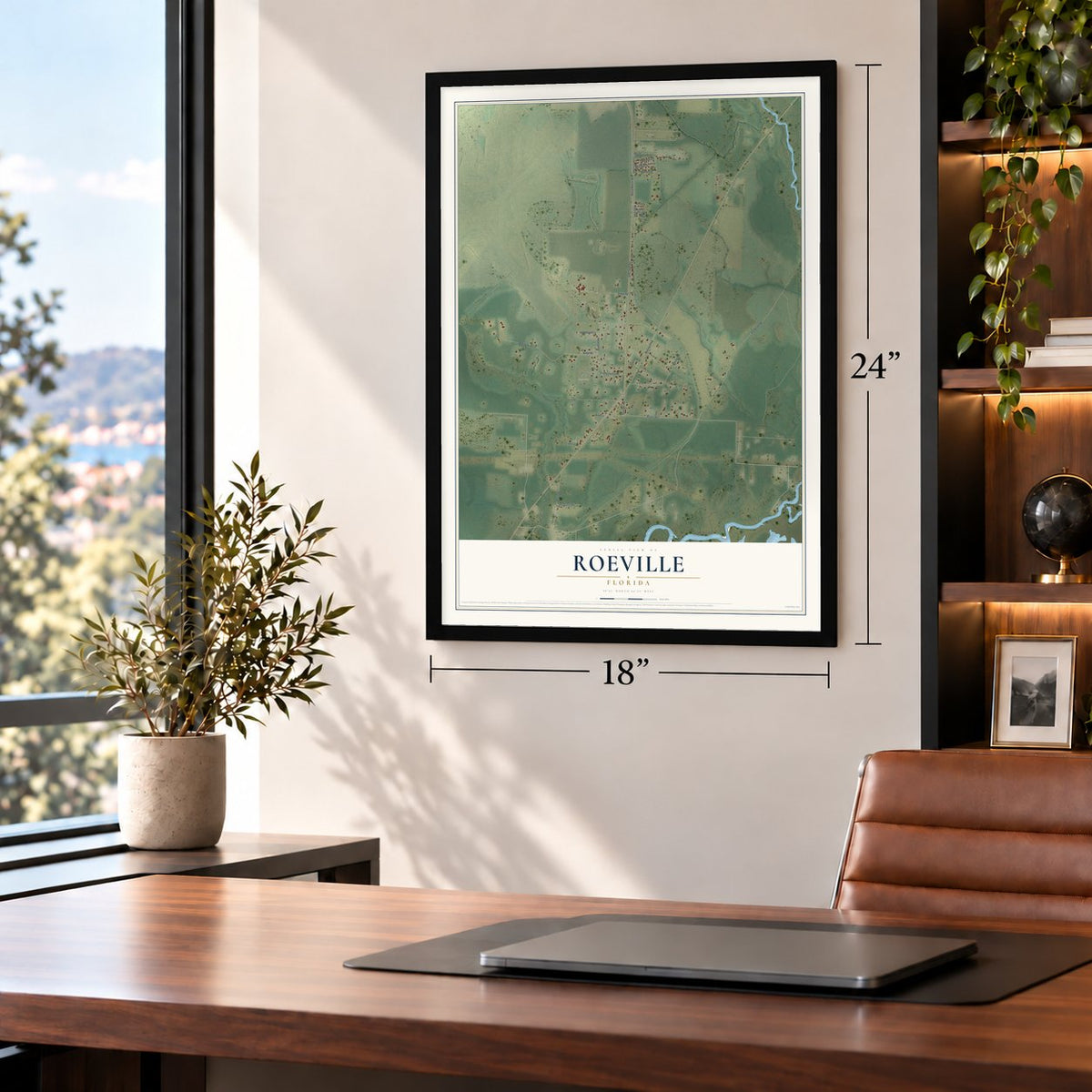 Roeville, Florida map, 18 x 24 inch print in a black frame in a home office