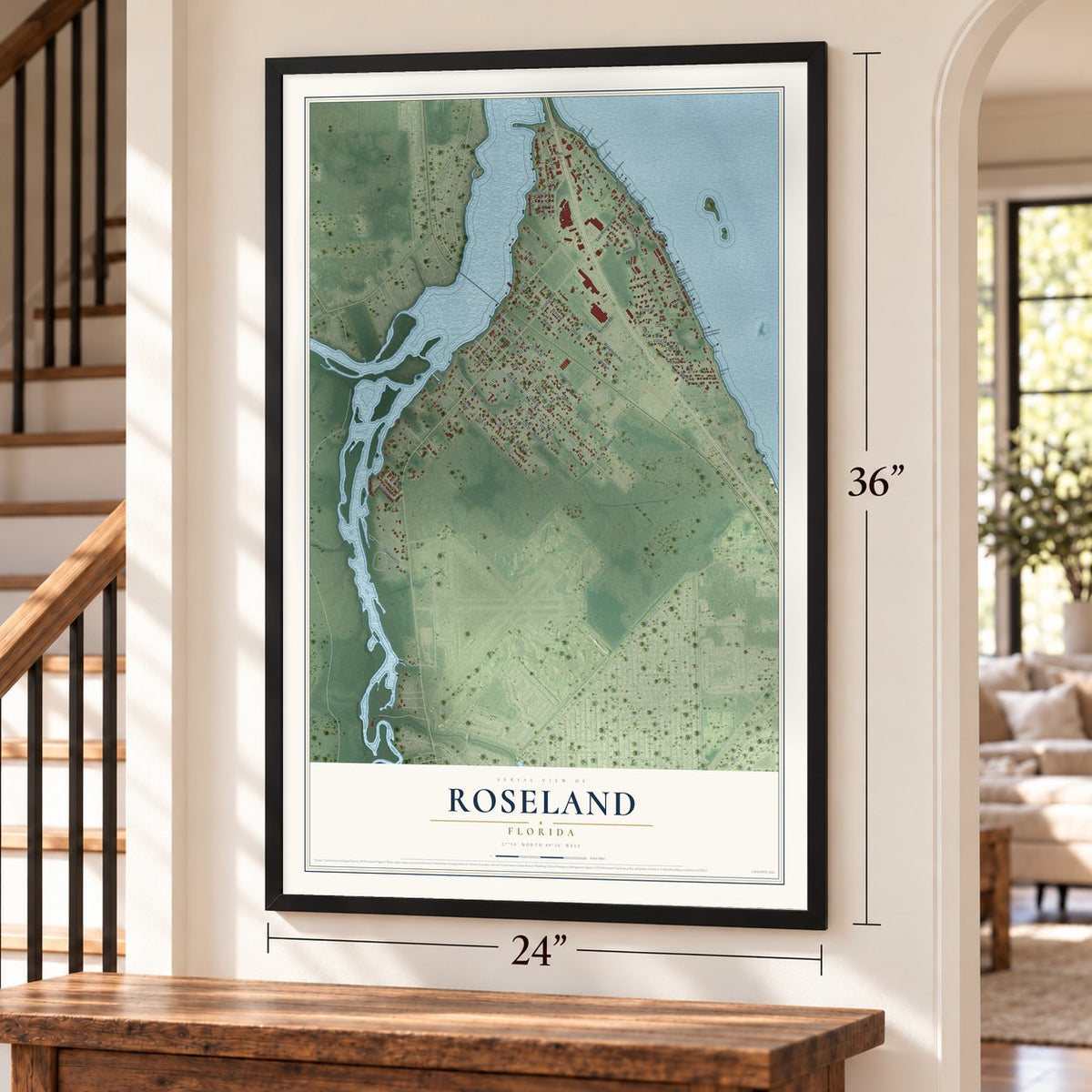 Roseland, Florida map, 24 x 36 inch print in a black frame by a staircase