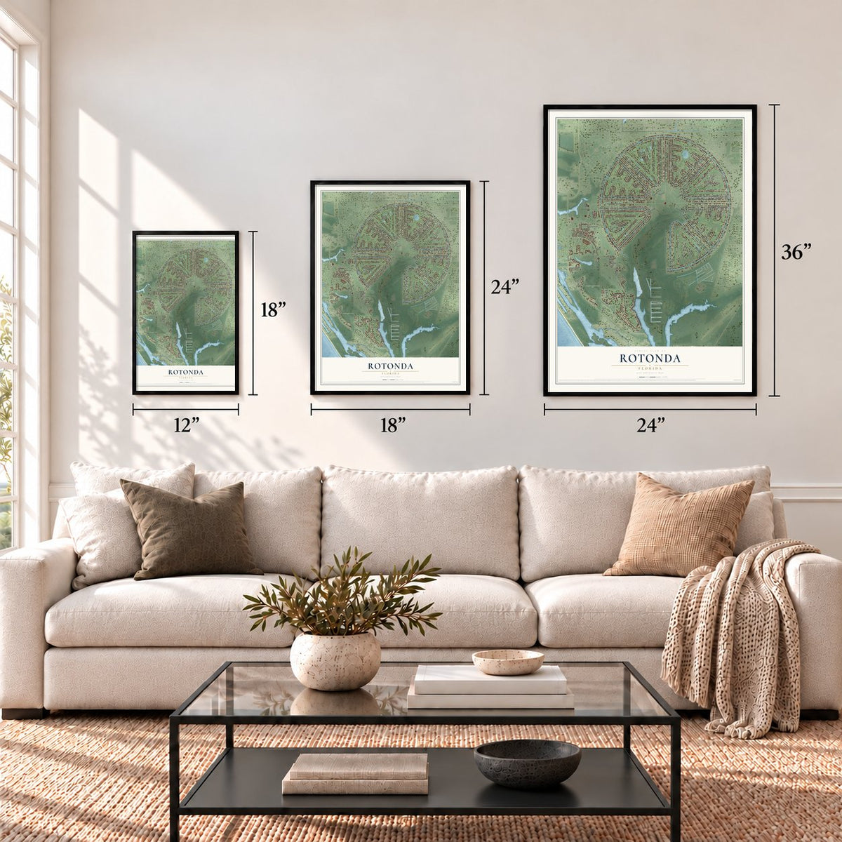 Rotonda, Florida map in 12 x 18, 18 x 24 and 24 x 36 inch sizes above a sofa