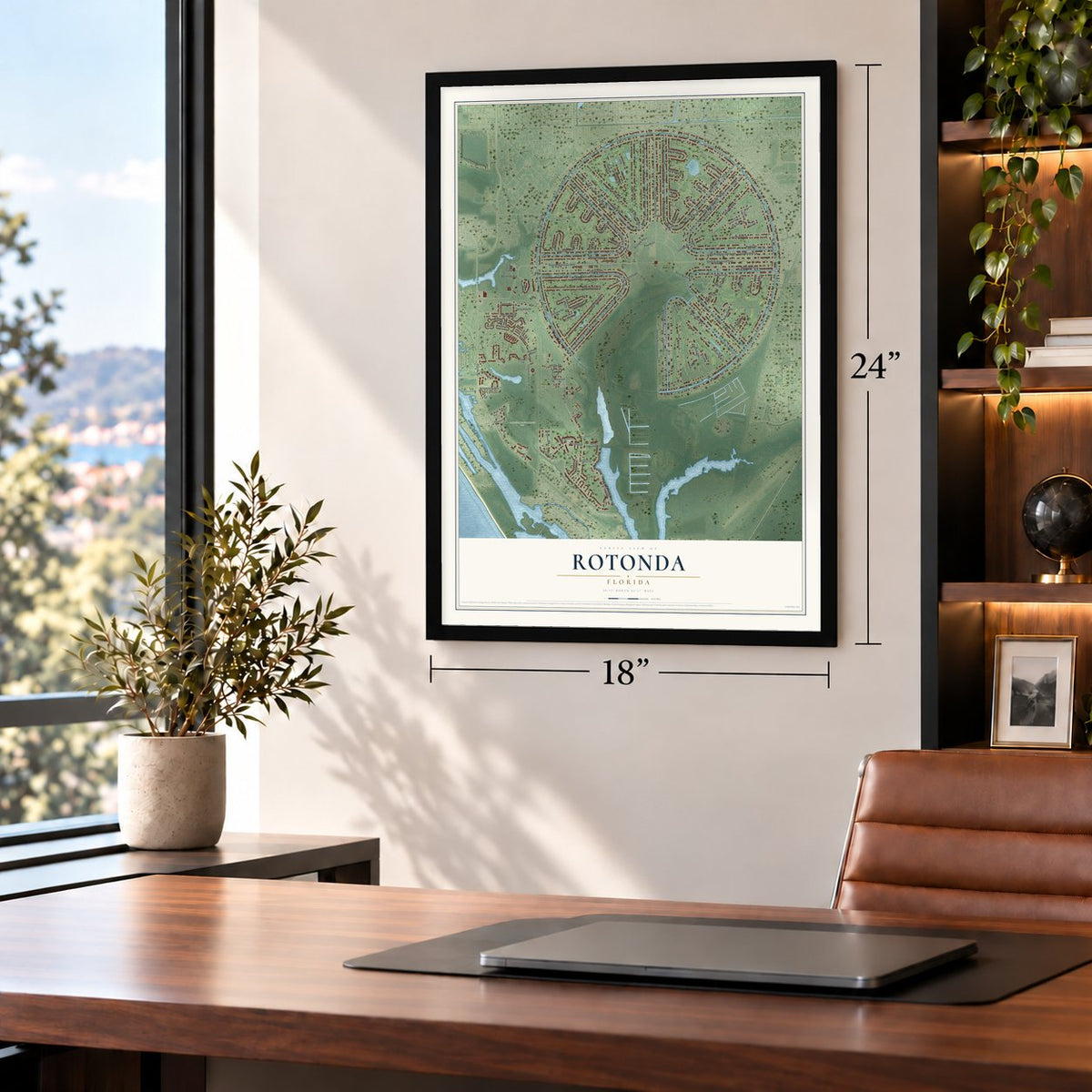 Rotonda, Florida map, 18 x 24 inch print in a black frame in a home office