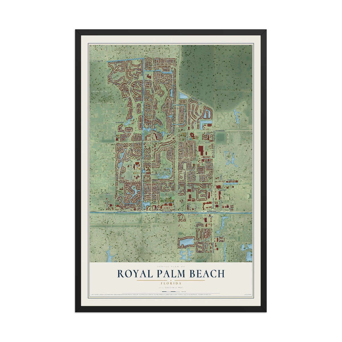 Royal Palm Beach, Florida map print, 12" x 18" W/ Black Ayous Wood Frame mockup