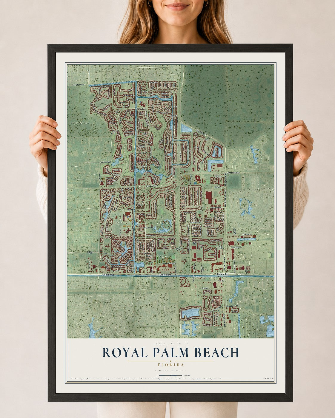 Royal Palm Beach, Florida map print, 24" x 36" W/ Black Ayous Wood Frame mockup
