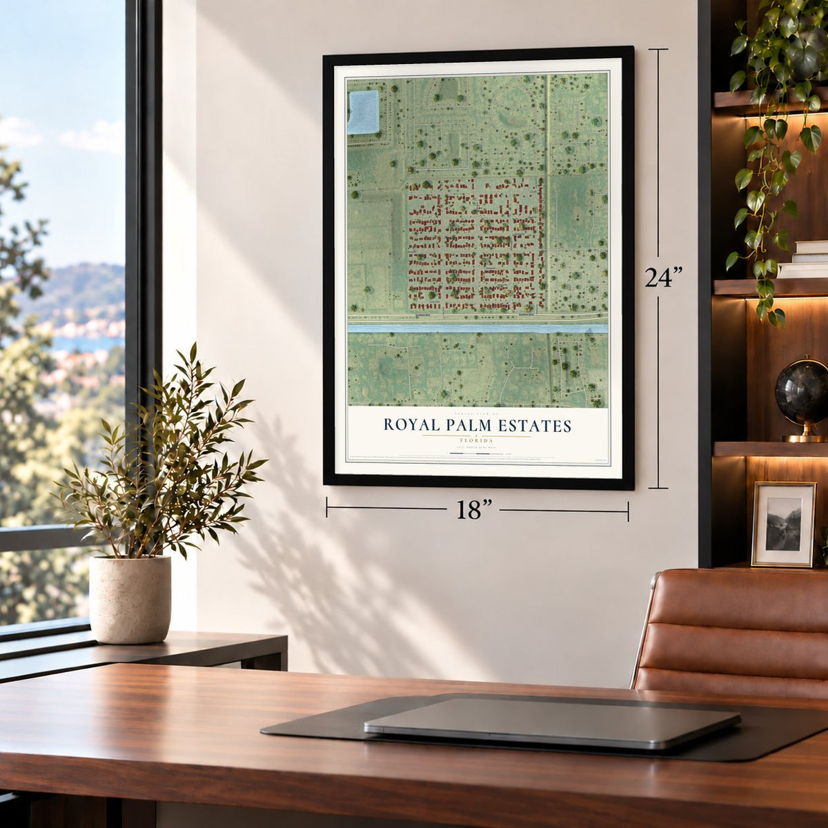Royal Palm Estates, Florida map, 18 x 24 inch print in a black frame in a home office