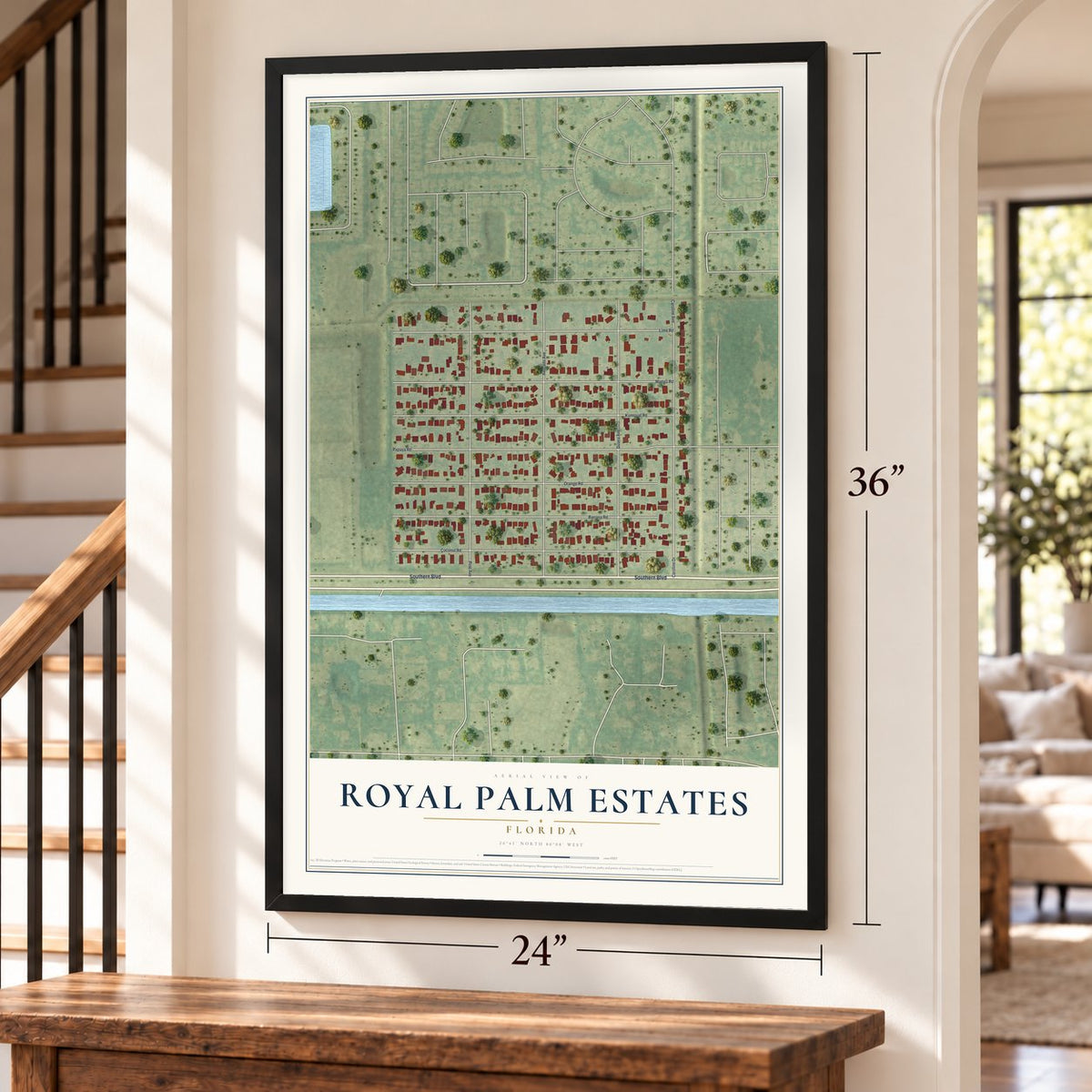 Royal Palm Estates, Florida map, 24 x 36 inch print in a black frame by a staircase