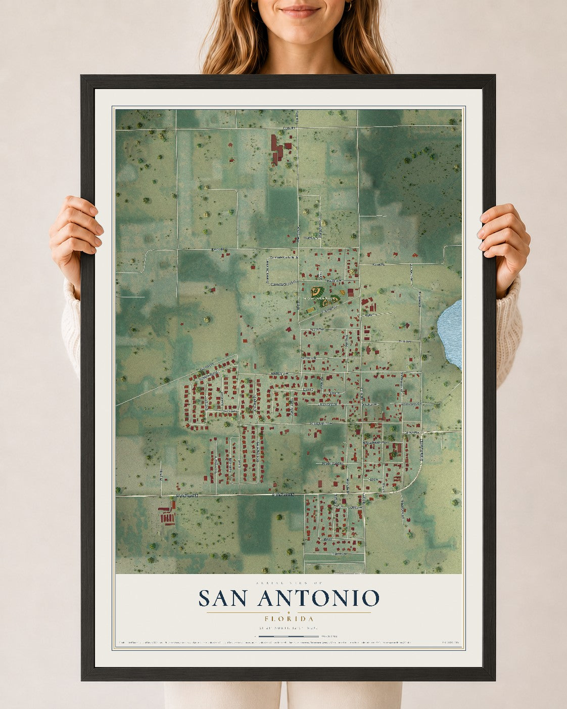 San Antonio, Florida map print, 24" x 36" W/ Black Ayous Wood Frame mockup