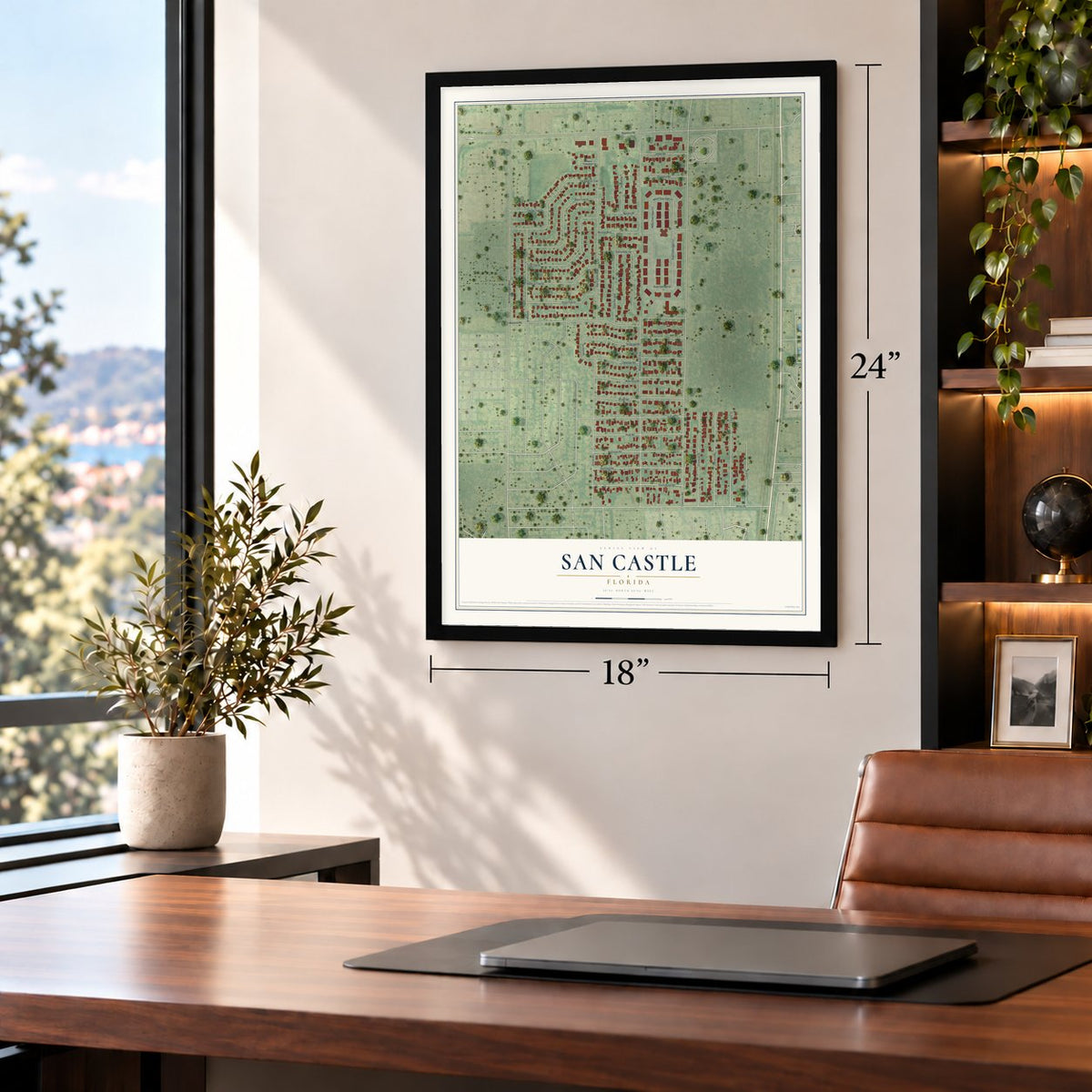 San Castle, Florida map, 18 x 24 inch print in a black frame in a home office