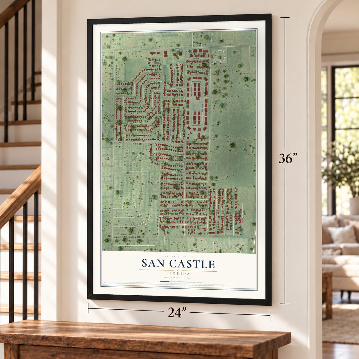 San Castle, Florida map, 24 x 36 inch print in a black frame by a staircase