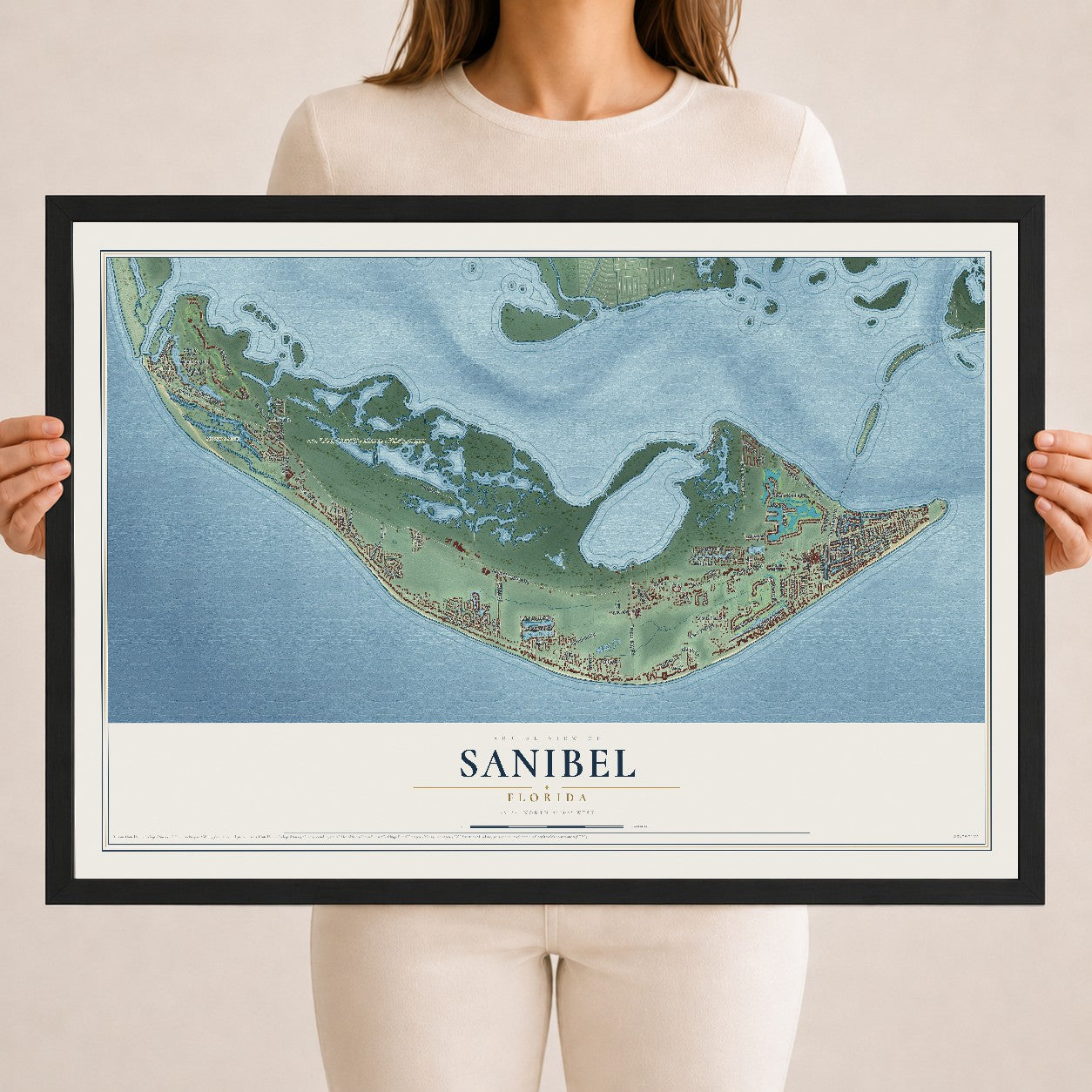 Sanibel, Florida map print, 18" x 24" W/ Black Ayous Wood Frame mockup