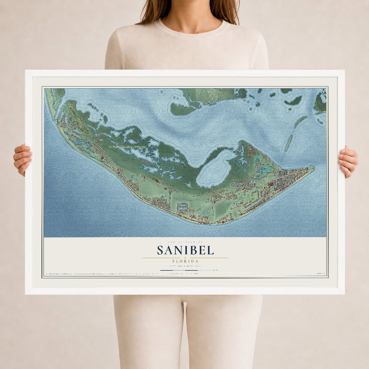 Sanibel, Florida map print, 24" x 36" W/ White Ayous Wood Frame mockup
