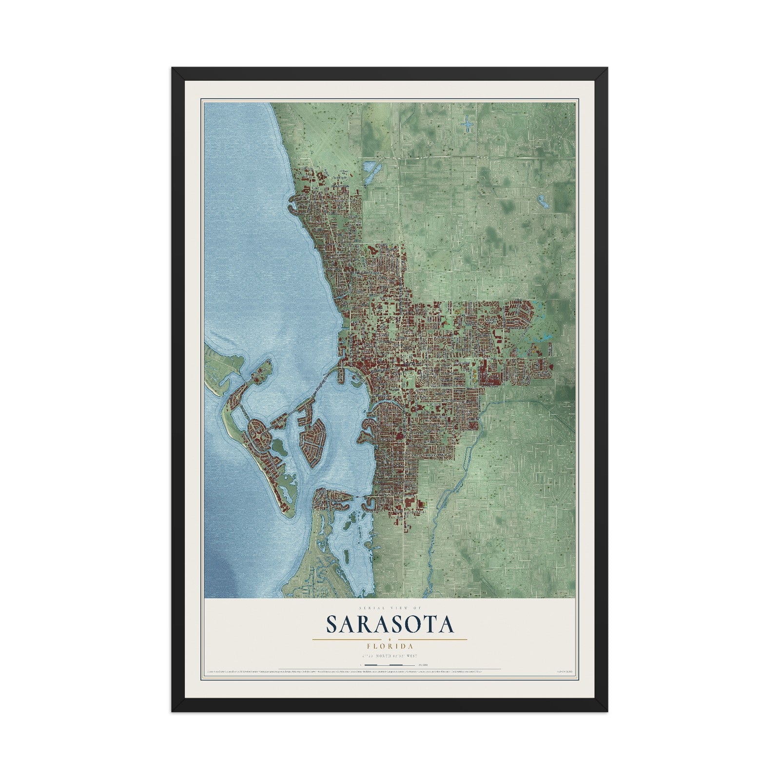 Sarasota, Florida map print, 12" x 18" W/ Black Ayous Wood Frame mockup
