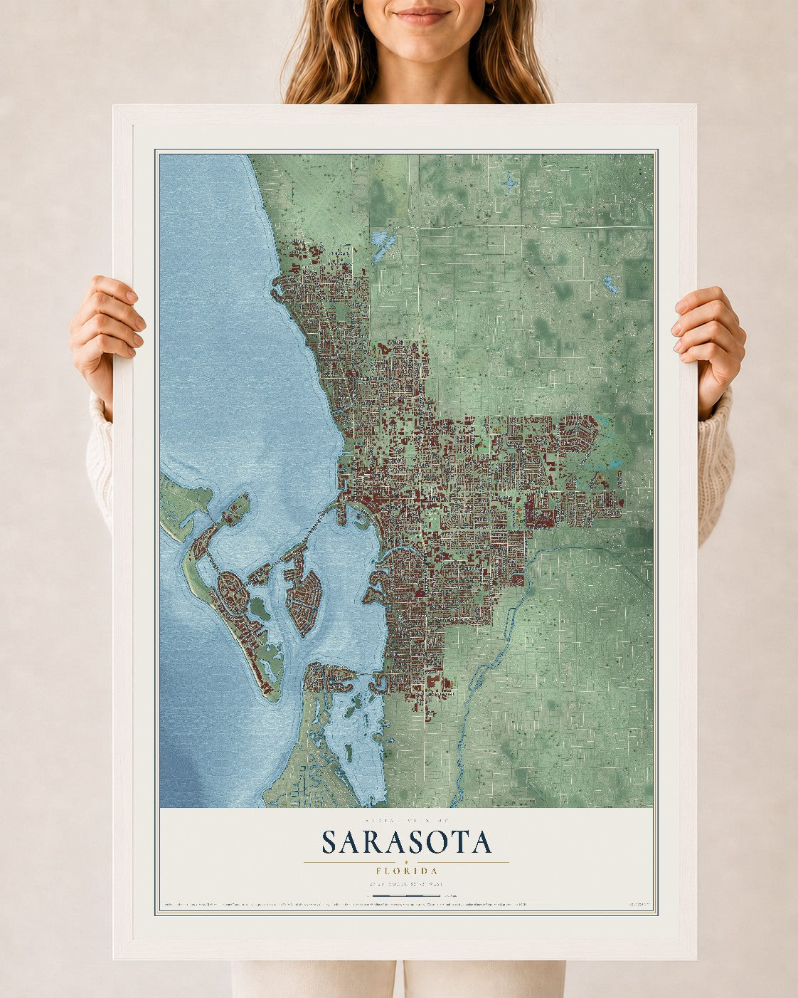 Sarasota, Florida map print, 24" x 36" W/ White Ayous Wood Frame mockup
