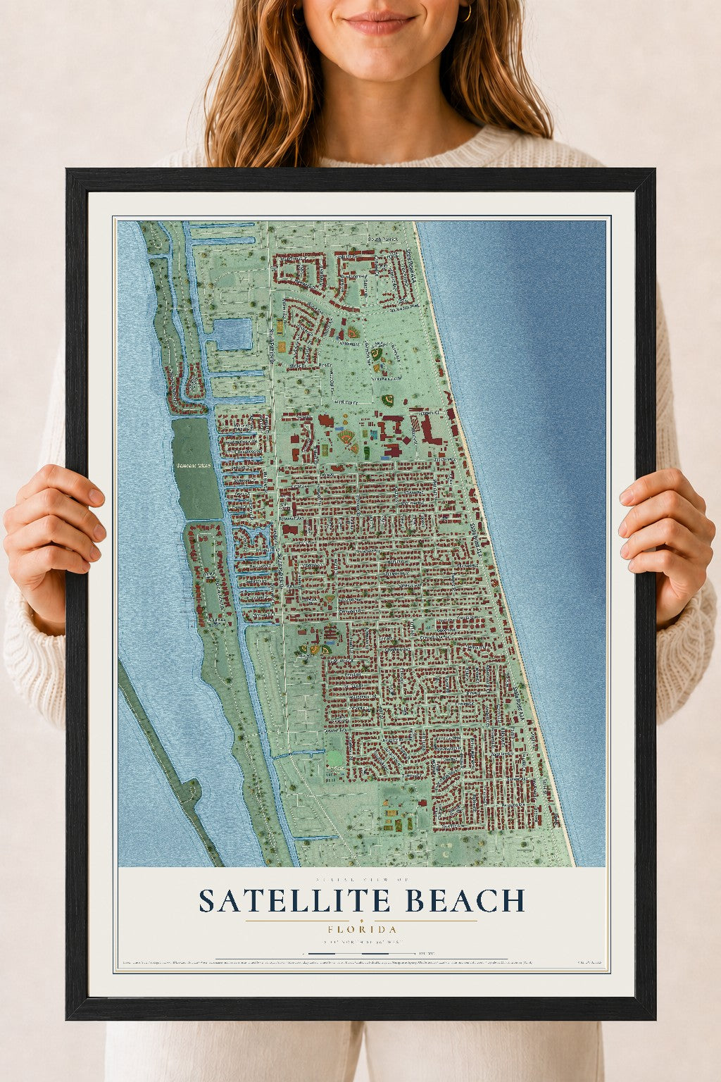 Satellite Beach, Florida map print, 18" x 24" W/ Black Ayous Wood Frame mockup