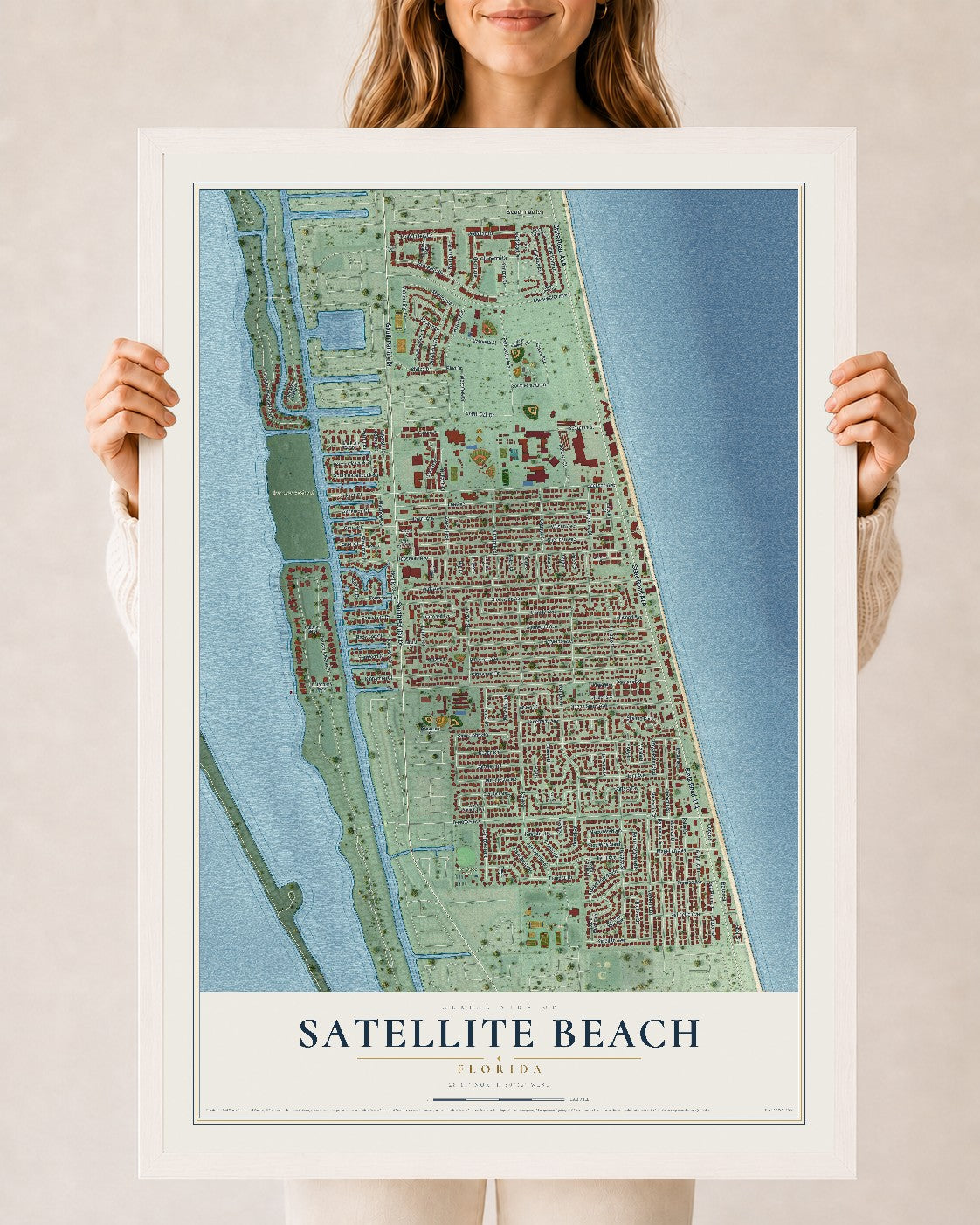 Satellite Beach, Florida map print, 24" x 36" W/ White Ayous Wood Frame mockup