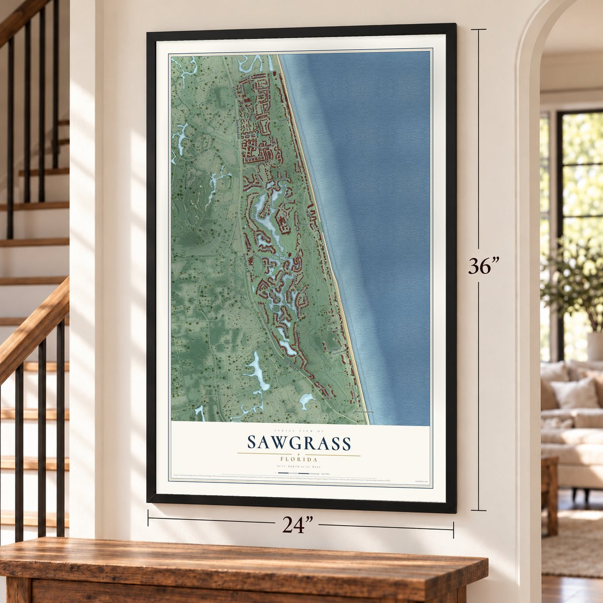 Sawgrass, Florida map, 24 x 36 inch print in a black frame by a staircase