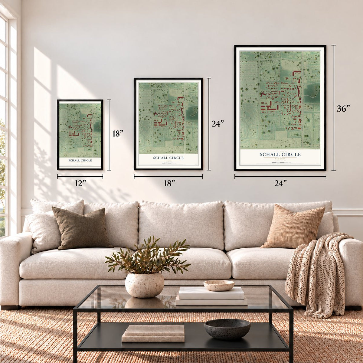 Schall Circle, Florida map in 12 x 18, 18 x 24 and 24 x 36 inch sizes above a sofa