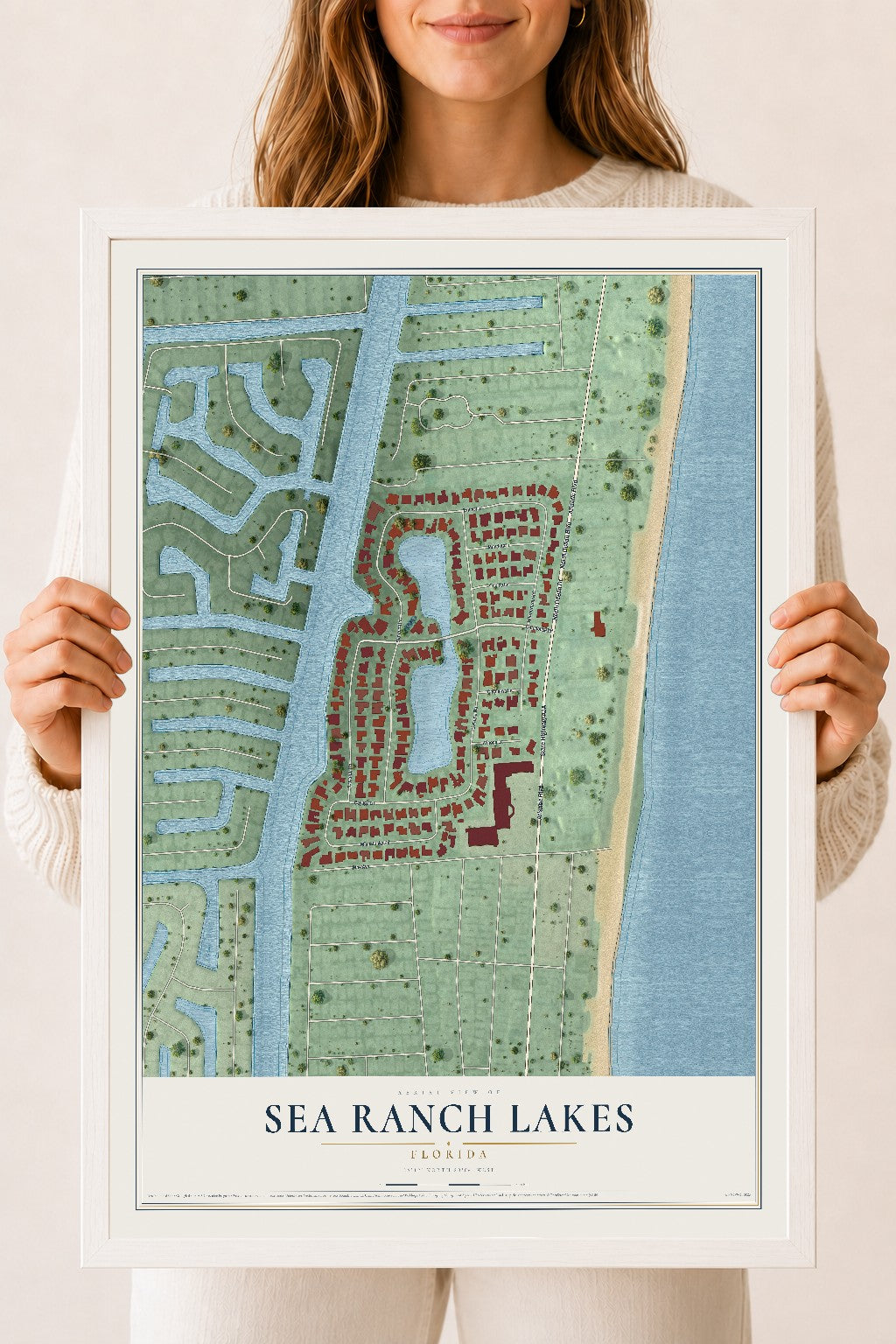 Sea Ranch Lakes, Florida map print, 18" x 24" W/ White Ayous Wood Frame mockup