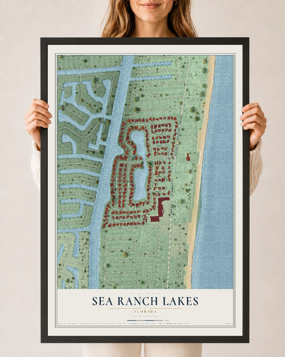 Sea Ranch Lakes, Florida map print, 24" x 36" W/ Black Ayous Wood Frame mockup